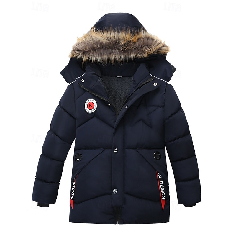 Kids Boys' Down Coat Hoodie Jacket Outerwear Letter Long Sleeve Zipper Pocket Coat Outdoor Daily Black Red Navy Blue Winter 4 years+