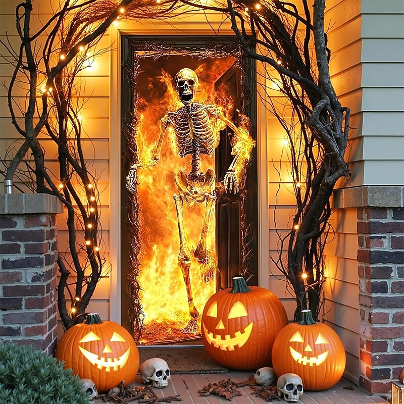 Halloween Door Cover Outdoor Banners Skeleton Flame Psychedelic Dark Punk Gothic Style Party Outdoor Shooting Backgrounds Front Door Wall Porch Home Decor3