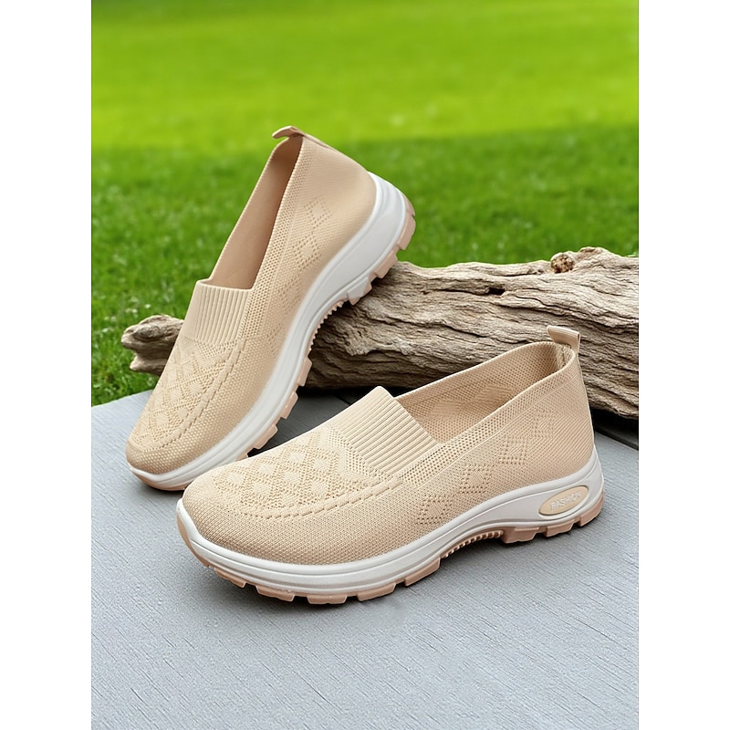 Women's Beige Flyknit Slip-On Comfort Sneakers – Lightweight Breathable Walking Shoes for Park, Errands and Everyday Wear4