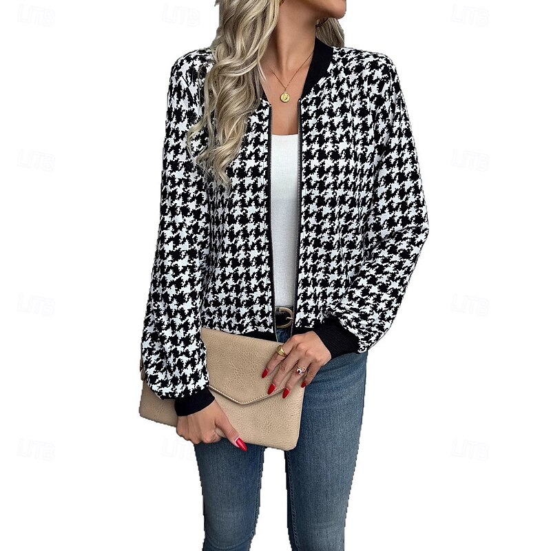 Women's Casual Jacket Comfortable Zipper Pocket Vintage Houndstooth Vacation Home Office Daily Regular Baseball Collar Regular Fit Long Sleeve Outerwear Black Spring Fall4