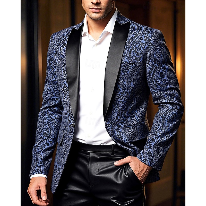 Men's Blazer Business Cocktail Party Wedding Party Fashion Casual Spring Fall Polyester Cashew nuts Pocket Buttons Comfortable Single Breasted Blazer Navy Blue