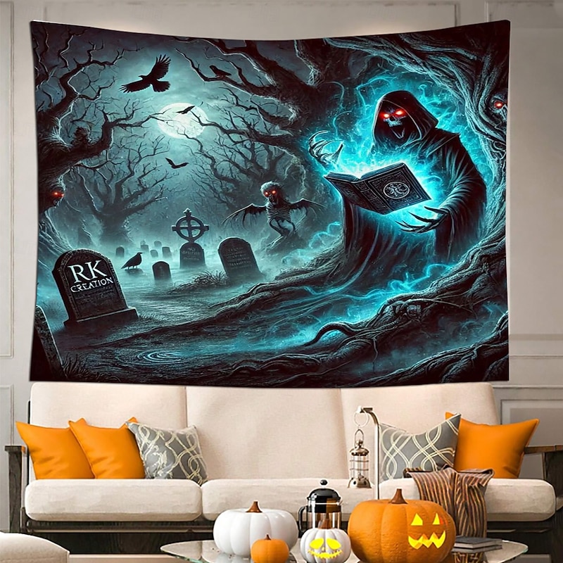 Halloween Skeleton Tapestry – Creepy Graveyard Scene Wall Hanging with Undead Skeletons Rising from Tomb, Horror Wall Decoration for 2025 Halloween Bedroom or Party2