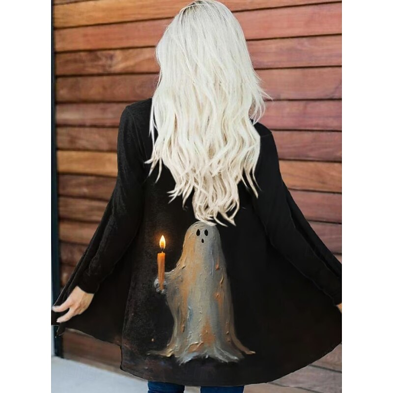 Halloween Women's Coat Lightweight Comfortable Black Cat Print Open Front Vintage Artistic Casual Skull Black cat Casual Long Collarless Regular Fit Long Sleeve Outerwear Black Blue Khaki Spring Fall3