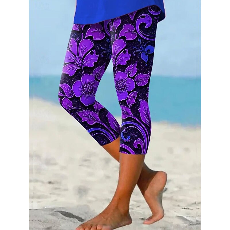 Women's Leggings Vacation Vintage Fashion Capris High Waist Floral Graphic Printing Soft Breathable Stretchy Formal Vacation Office White Purple Summer Spring Slim Fit