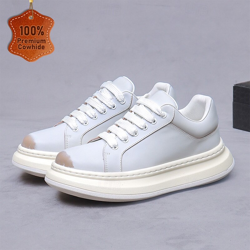 Men's White Leather Sneakers - Chunky Sole Casual Fashion Shoes for Urban Streetwear, Daily Walking, and Sporty City Outfits