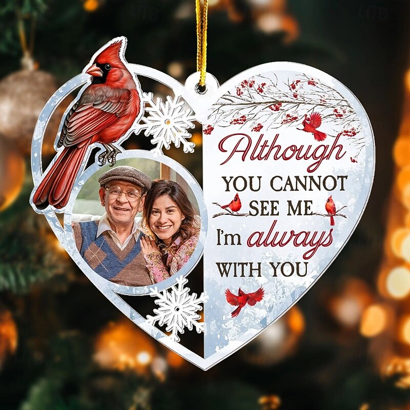Personalized Christmas Photo Ornaments Custom Memorial Heart Shaped Northern Cardinal Acrylic 2D Decor Christmas Tree Xmas Decoration Hanging Pendant Gifts