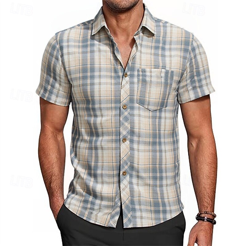 Men's Shirt Summer Shirt Casual Shirt Beach Shirt Button Up Shirt Navy Blue Apricot Short Sleeve Plaid Lapel Vacation Hawaiian Pocket Clothing Apparel Fashion Casual Comfortable