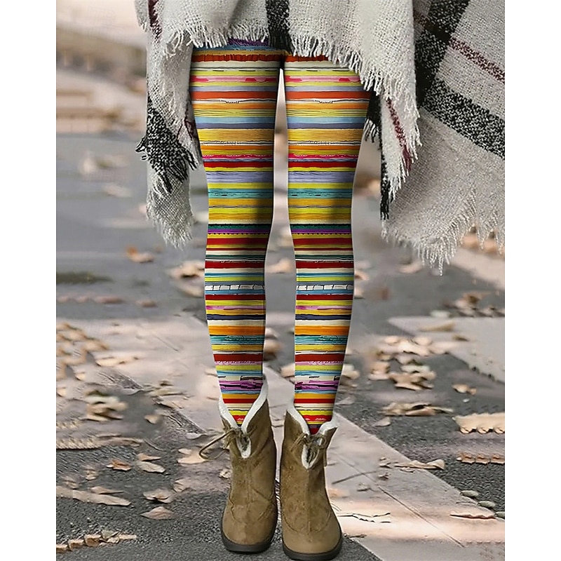 Women's Pants Trousers Leggings Cozy Leggings Streetwear Casual Full Length High Waist Striped Elastic Waist Print Breathability Comfortable Stretchy Vacation Street Daily Wear White Yellow Pink Red