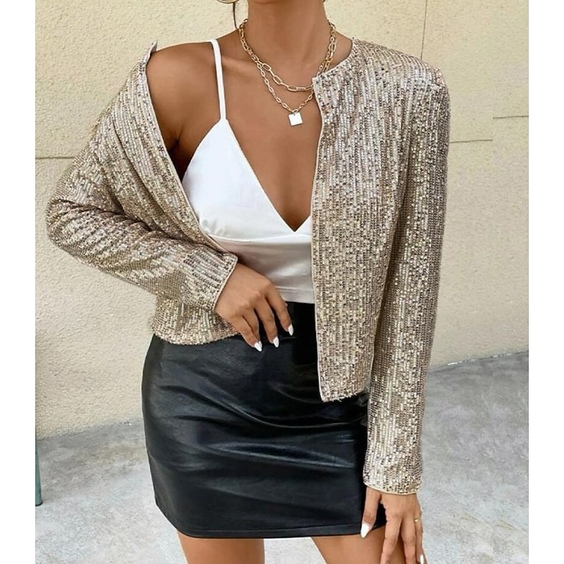 Women's Casual Jacket Dailywear Sequin Solid Color Cool Regular Fit Outerwear Long Sleeve Spring Rose Gold S2