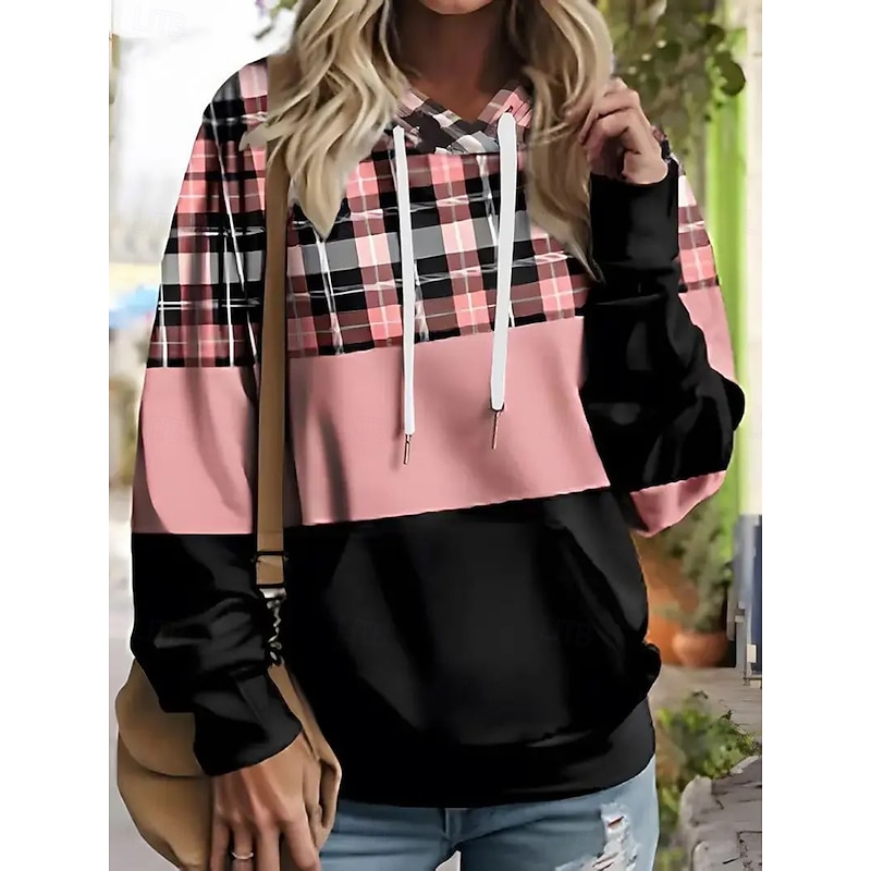 Women's Pullover Hoodie Sweatshirt Graphic Geometric Plaid Fashion Casual Print Long Sleeve Hooded Regular Tops Street Dailywear Drawstring Print Pink Red Blue Fall Winter