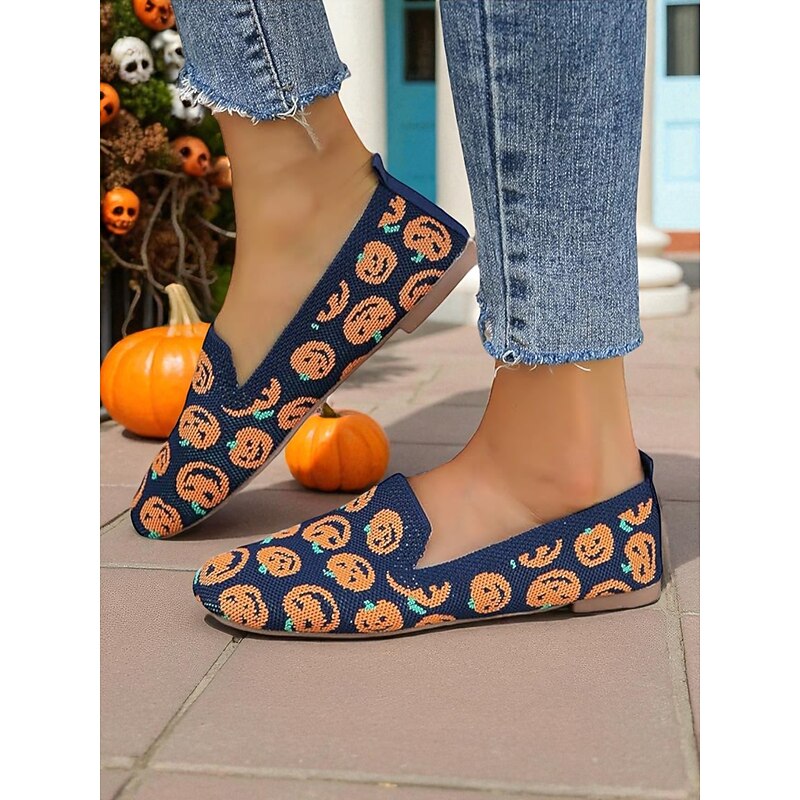 Women's Knit Pumpkin Print Square Toe Flats - Halloween-Themed Casual Slip-On Shoes for Fall Parties and Daily Wear3