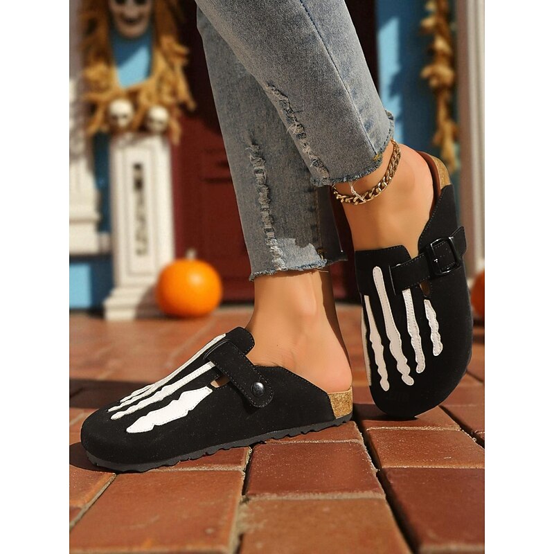 Women's Skeleton Footprint Slip-On Clogs – Halloween-Themed Black and White Mule Shoes with Bone Print Design, Casual and Comfortable for Fall Festivals and Spooky Season Outfits2