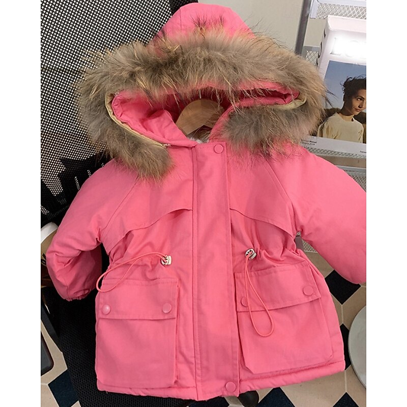 Kids Girls' Down Coat Solid Color Fashion Fur Trim Zipper Pocket School Coat Outerwear 4-12 Years Winter Pink Khaki4