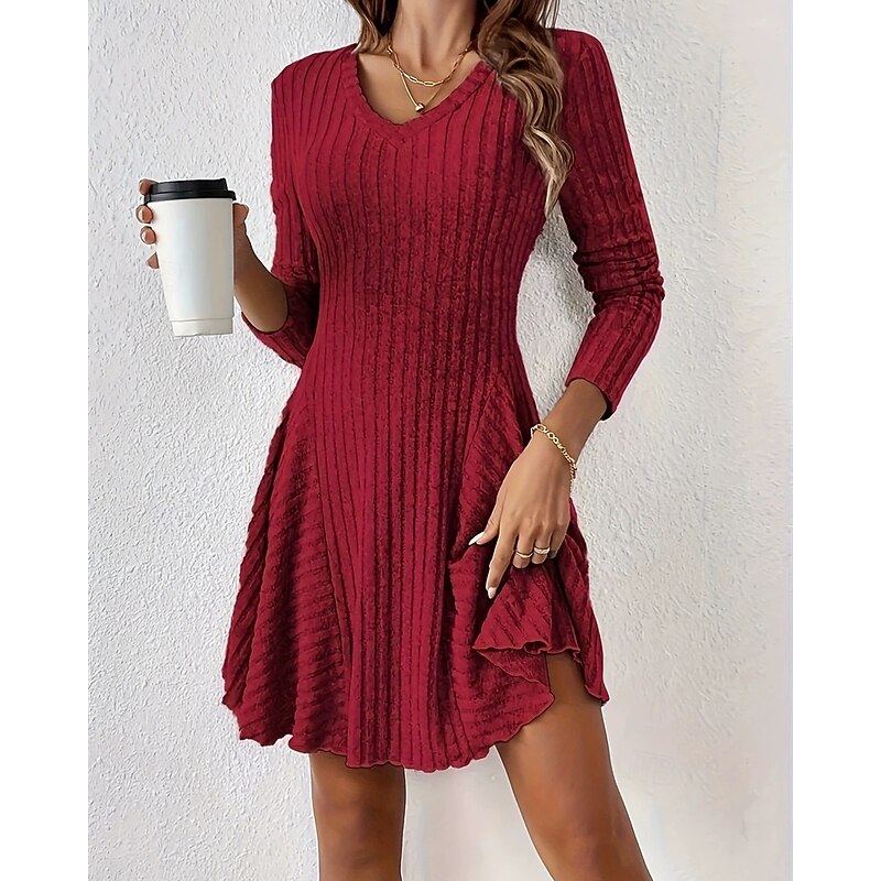 Women's Mini Dress Casual Dress Fashion Classic Modern Outdoor Vacation Holiday Regular Fit Plain Long Sleeve V Neck Black Pink Red Green Summer