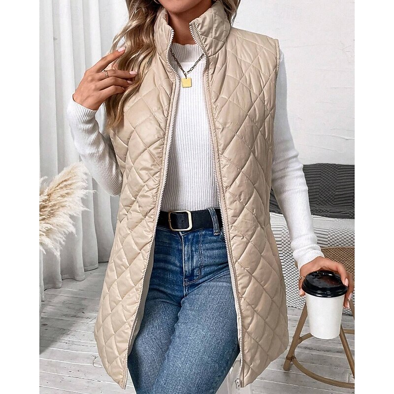 Women's Vest Warm Comfortable Zipper Pocket Outdoor Casual Plain Holiday Weekend Zipper Long Stand Collar Regular Fit Sleeveless Outerwear Black Apricot Winter2