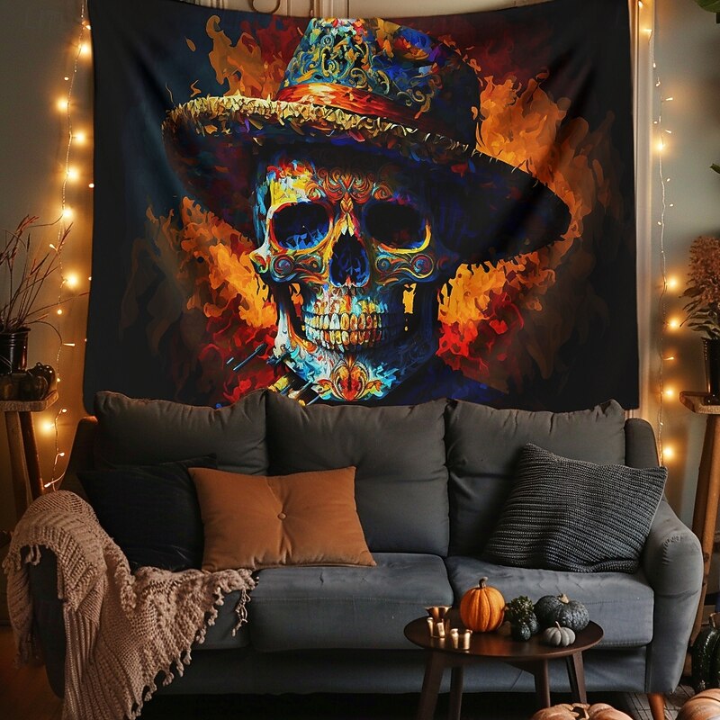Day of the Dead Tapestry Banners Wall Hangings Skeleton Marigold Mexico Dark Punk Gothic Style Party Dorm Shooting Backgrounds Home Decor2