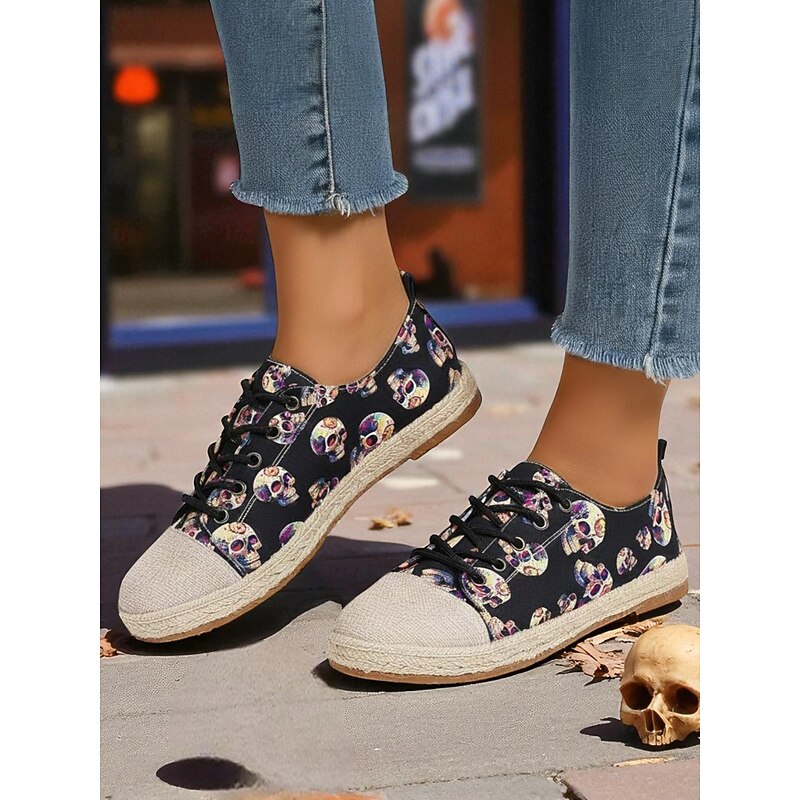 Women's Skull Pattern Canvas Espadrilles with Jute Sole - Lace-Up Halloween Sneakers for Gothic Style, Fall Outfits and Daily Comfort3