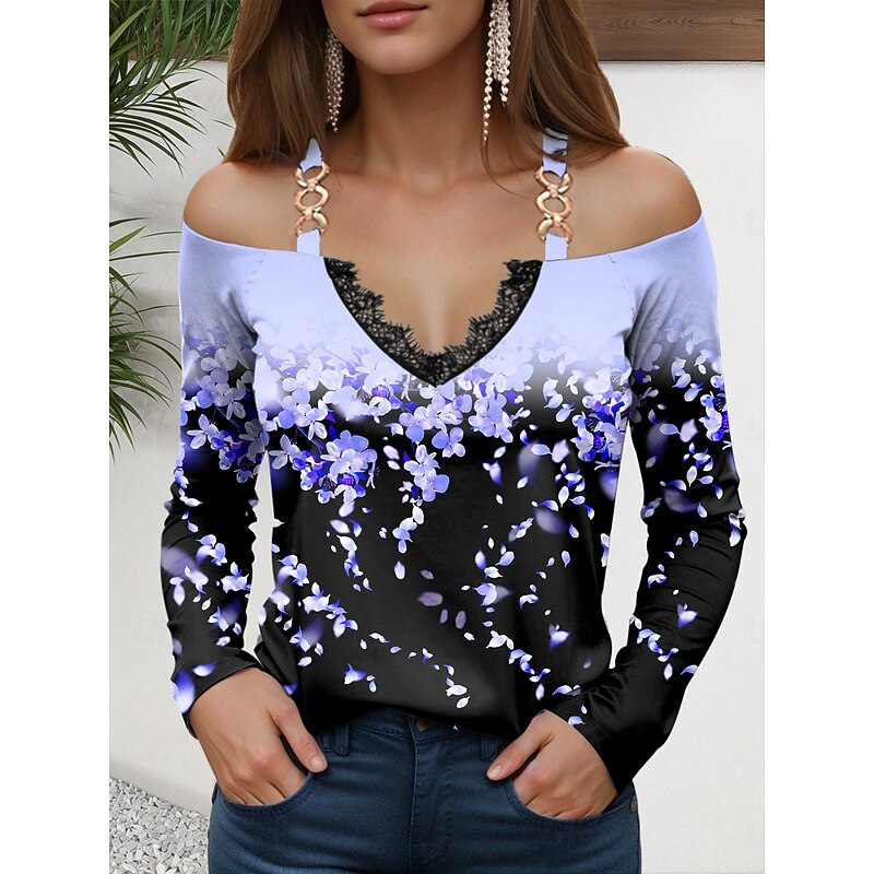 Women's T Shirt Ombre Floral Modern Long Sleeve Off Shoulder Regular Tops Daily Patchwork Print Yellow Pink Blue Purple Green Summer Spring3