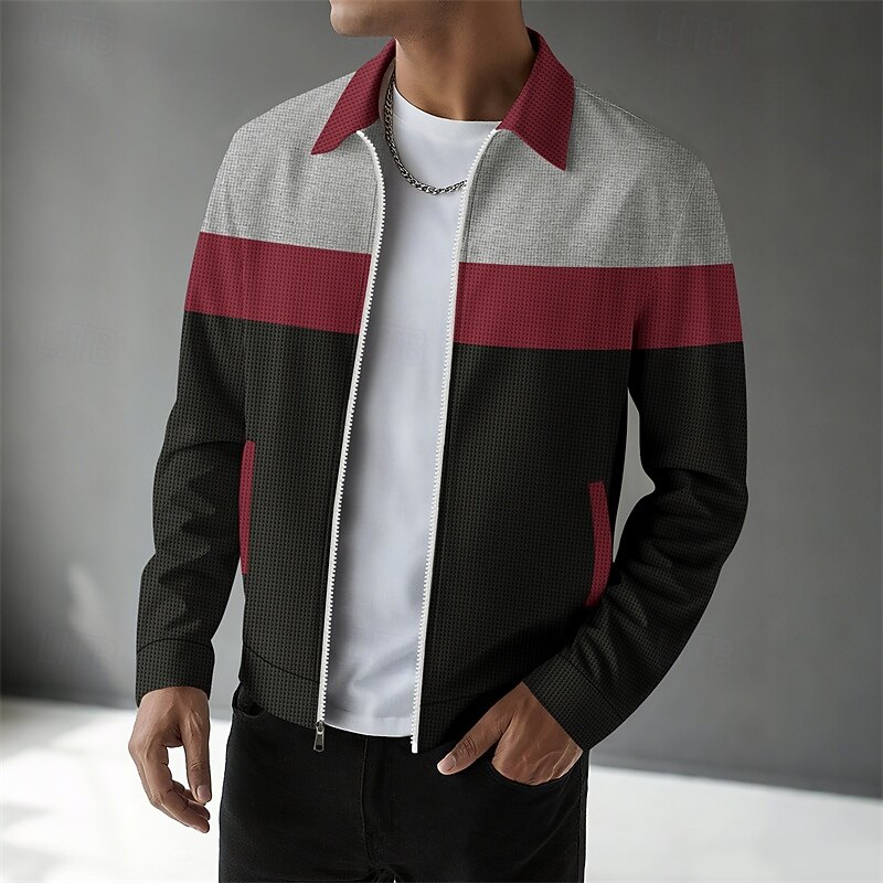 Men's Waffle Jacket Casual Jacket Vacation Daily Breathable Pocket Splice Spring Fall Color Block Fashion Classic Lapel Regular Wine Dark Green Brown Gray Jacket2
