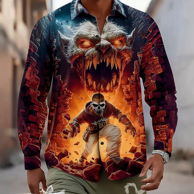 Halloween Men's Skull Monster Shirt Button Up Shirt Long Sleeve Dark Punk Gothic Style Outdoor Holiday Summer Spring Turndown 3D Print Collared Shirts Blue