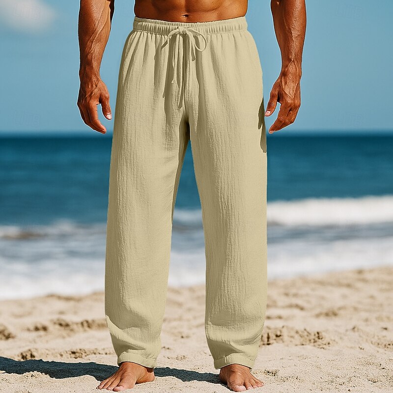Men's Linen Pants Trousers Summer Pants Baggy Pants Beach Pants Drawstring Elastic Waist Straight Leg Plain Comfort Breathable Full Length Casual Daily Holiday Vacation Fashion Blue 1# Black Inelastic