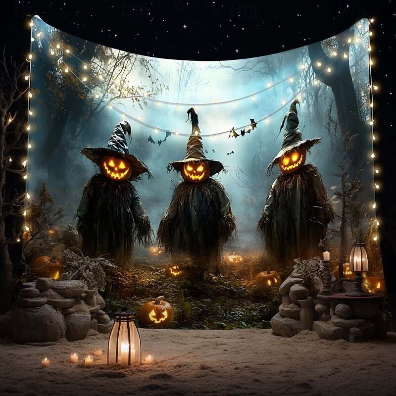 Halloween Wall Tapestry backdrop – Three Creepy Pumpkin Head Witches in Foggy Haunted Forest with Glowing Jack-O'-Lanterns and Bats, Spooky Wall Hanging Decoration for bedroom and living room3