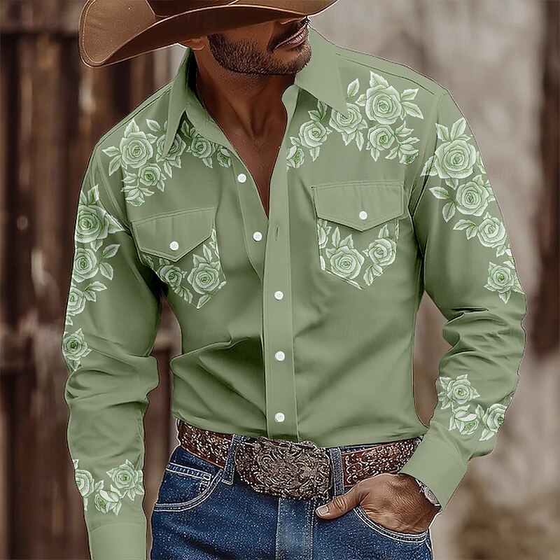 Men's Floral Print Flowers Shirt Western Shirt Cowboy Shirt Long Sleeve Vintage Retro Outdoor Casual WorkWear Spring Fall Turndown Front Two Pockets Button Up Shirts Pink Blue Green Khaki3