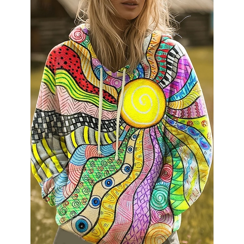 Women's Pullover Hoodie Sweatshirt Graphic Rainbow Casual Boho Long Sleeve Hooded Regular Tops Street Dailywear Print Front Pocket Red Blue Purple Orange Spring Fall Winter