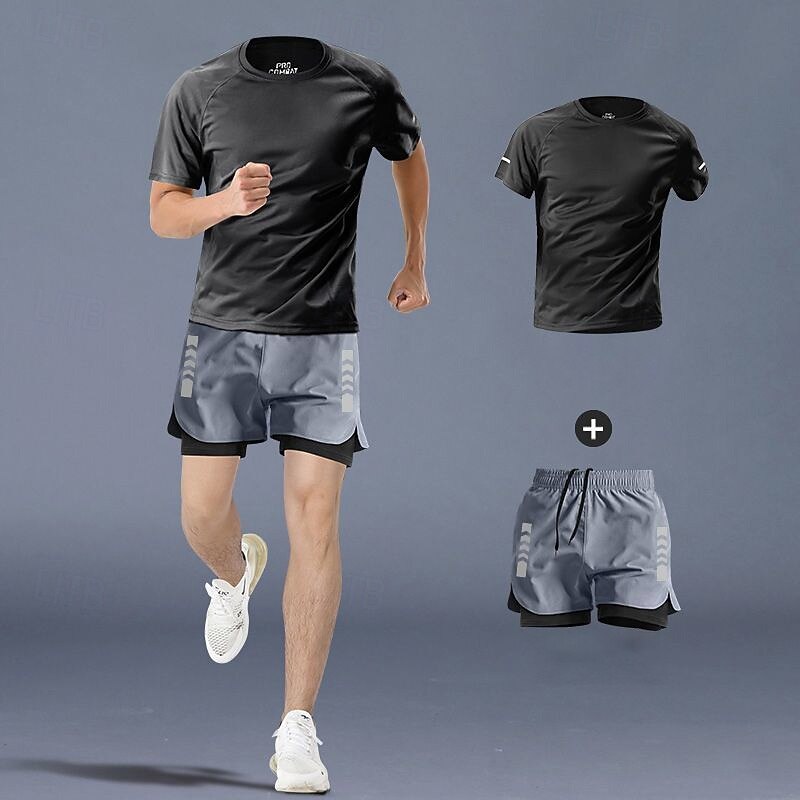 Men's Workout Suits 2 Piece Sports Set Solid Colored Clothing Suit Summer Dark Grey Gray Black Basketball Running Yoga High Waist Quick Dry Short Sleeve Sport Activewear Micro-elastic Regular Fit3
