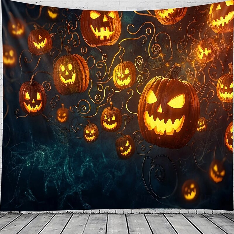 Halloween Wall Tapestry Backdrop – Glowing Jack-o'-Lantern Pumpkins Floating in Dark Spooky Night Sky with Swirling Vines, Creepy Party Wall Hanging Decoration3