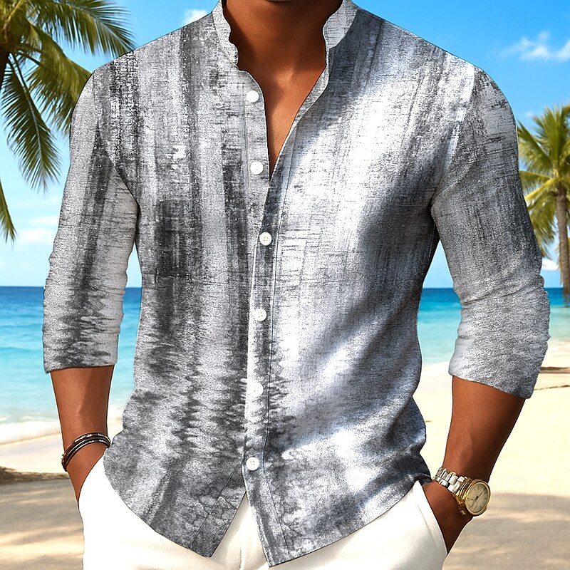 Men's Geometric Gradient Color Abstract Art Shirt Button Up Shirt Stand Collar Shirt Long Sleeve Casual Outdoor Vacation Daily Spring Fall Mandarin Collar Band Collar 3D Print Linen Like Shirt White2