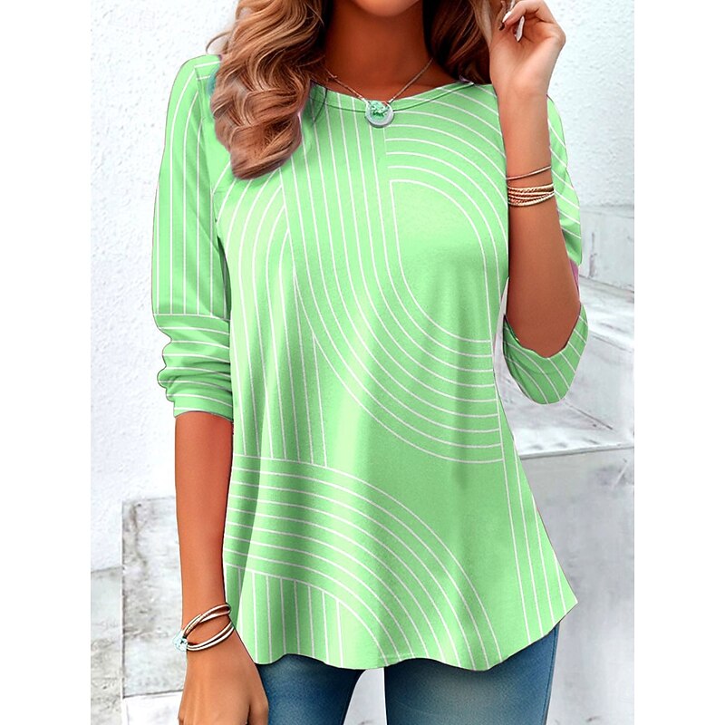 Women's T shirt Long Sleeve Crew Neck Long Sleeve Tunic Graphic Geometric Striped Vintage Stylish Regular Tops Daily Print Pink Blue Purple Green Gray Spring Fall Prefall4