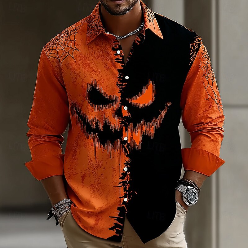 Halloween Men's Pumpkin Halloween Costumes Shirt Button Up Shirt Long Sleeve Dark Gothic Style Outdoor Holiday Spring Fall Turndown 3D Print Front One Pocket Linen Like Shirt Black / Orange Orange
