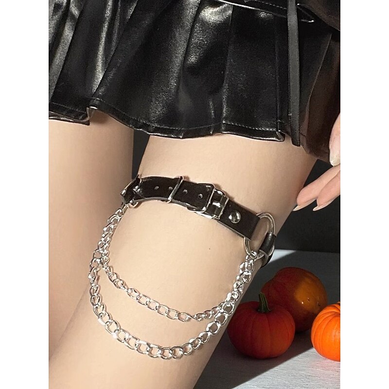 Women's Halloween Gothic Leg Chain - Black Faux Leather Thigh Harness with Silver Chains, Adjustable Punk Rock Accessory for Cosplay, Costume Parties and Spooky Festival Outfits4