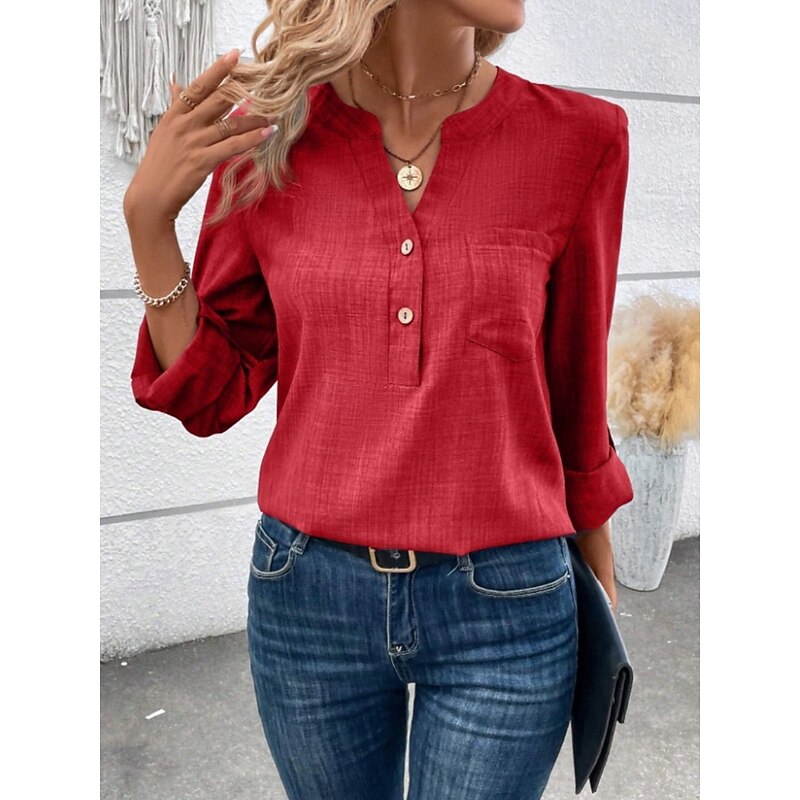 Women's Shirt Solid Color Stylish Casual Long Sleeve V Neck Regular Tops Daily Buttons Red Blue Gray Summer Spring Fall4