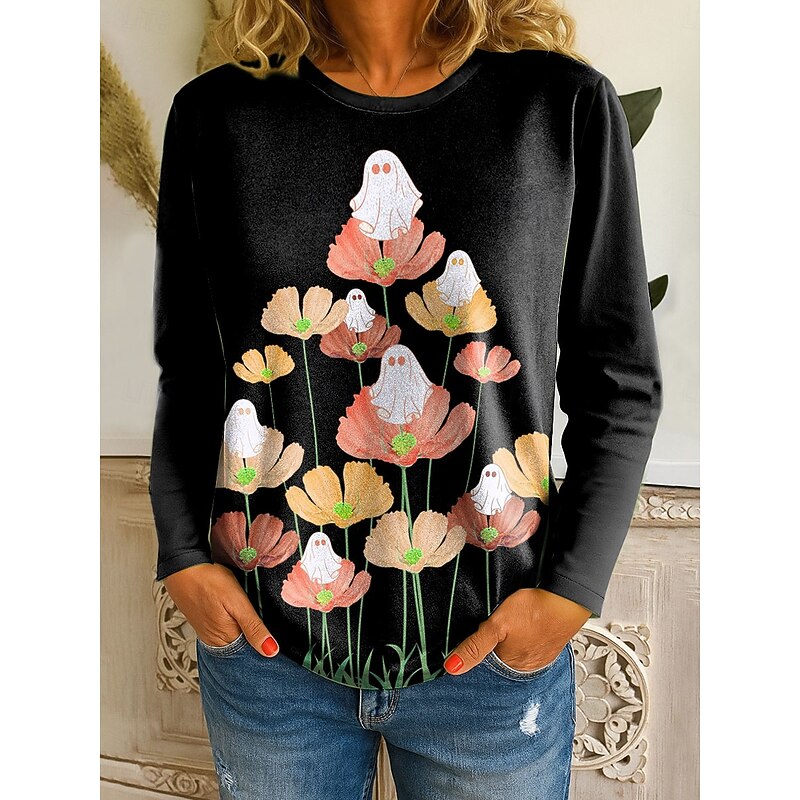 Halloween Women's T shirt Ghost Floral Graphic Vintage Fashion Stylish Long Sleeve Crew Neck Round Neck Regular Tops Daily Print Pink Blue Orange Green Fall Winter3