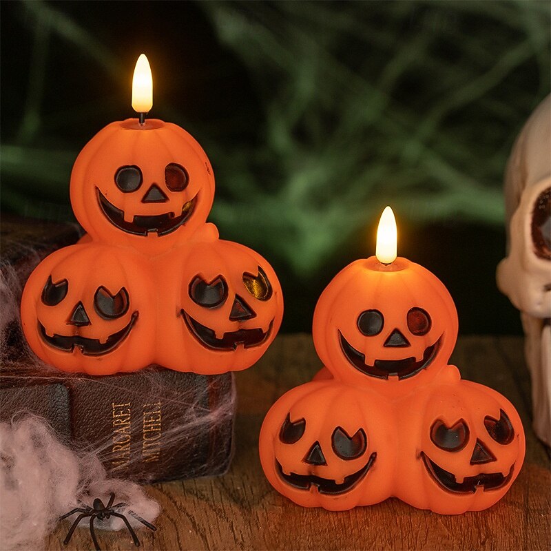 1 Pc 10.7 * 10.2CM Halloween three headed pumpkin LED electronic candle light indoor and outdoor restaurant bar funny atmosphere night light LR44 * 3 battery