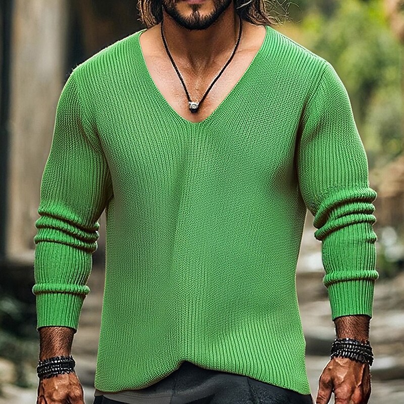 Men's Pullover Sweater Jumper Knit Sweater Ribbed Knit Regular Tops Knitted Plain V Neck Fashion Basic Vacation Daily Wear Clothing Apparel Fall Winter Black Blue S M L