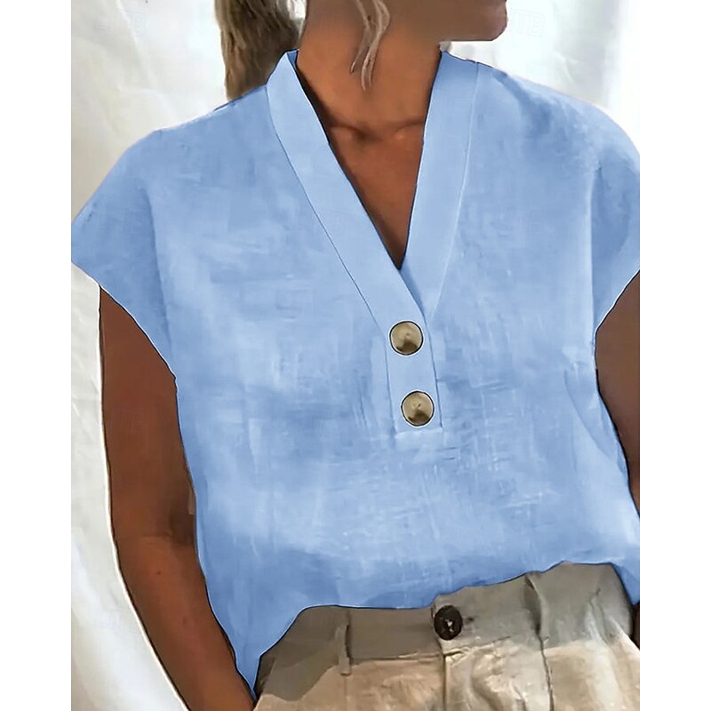 Women's T Shirt Plain Casual Short Sleeve V Neck Regular Tops Daily Weekend Buttons White Pink Green Light Blue Summer4