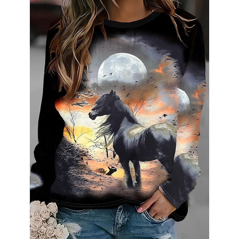 Women's Pullover Graphic Animal Casual Long Sleeve Crew Neck Regular Tops Casual Black Spring Fall Winter