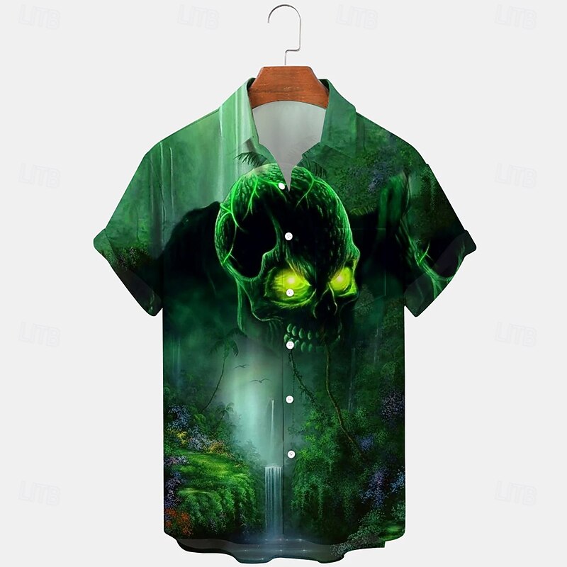Halloween Men's Skull Halloween Costumes Shirt Summer Shirt Button Up Shirt Short Sleeve Dark Gothic Style Holiday Summer Spring Turndown 3D Print Collared Shirts Front One Pocket Green