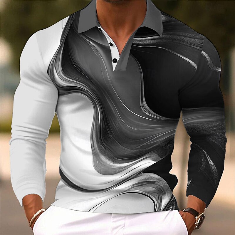 Men's Abstract Geometic Polo Long Sleeve Polo Shirts Lapel Casual Street Athleisure Daily Wear 3D Print Buttons Spring Fall Winter Red Navy Blue Blue4