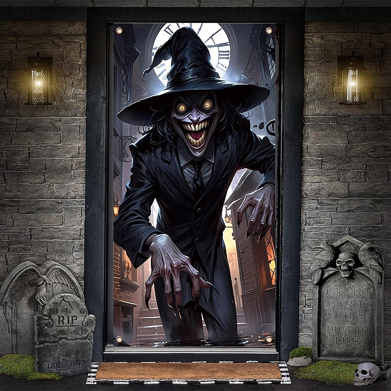 Halloween Door Cover – Evil Grinning Witch with Jack-o'-Lanterns, Haunted House Entrance Banner, Scary Outdoor 2025 Halloween Decoration for Bedroom, Living Room, Bathroom
