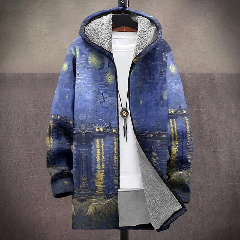 Men's Graphic Winter Coat Fleece Jacket Coat Thermal Warm Comfortable Casual Daily Wear Zipper Pocket 3D Print Fall Winter Hooded Long Sleeve Red Blue Light Blue2