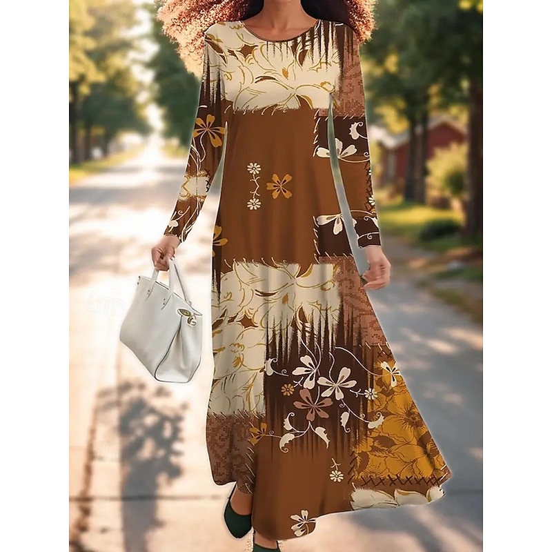 Women's Maxi Dress Sheath Dress A Line Dress Casual Boho Wedding Guest Daily Going out Regular Fit Floral Graphic Long Sleeve Crew Neck Brown Spring Fall Winter Autumn