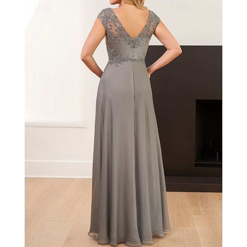 Floral Embroidered A-Line Mother of the Bride Dress Elegant Simple Minimalist V Neck Floor Length Chiffon Satin Cap Sleeve with Corded Lace Applique3