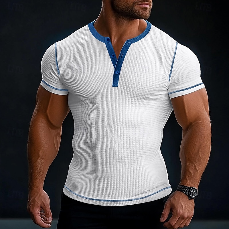 Men's Waffle Henley Shirt Tee Short Sleeve Henley Summer All Seasons Solid Color Textured Vintage Sporty Buttons Outdoor Casual Daily White Blue Brown Top Tee for Men