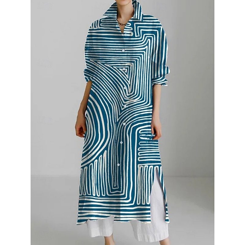 Women's Long Dress Maxi Dress Shirt Dress Casual Dress Fashion Modern Daily Holiday Weekend Regular Fit Geometric Color Block 3/4 Length Sleeve Shirt Collar Blue Summer Spring Fall