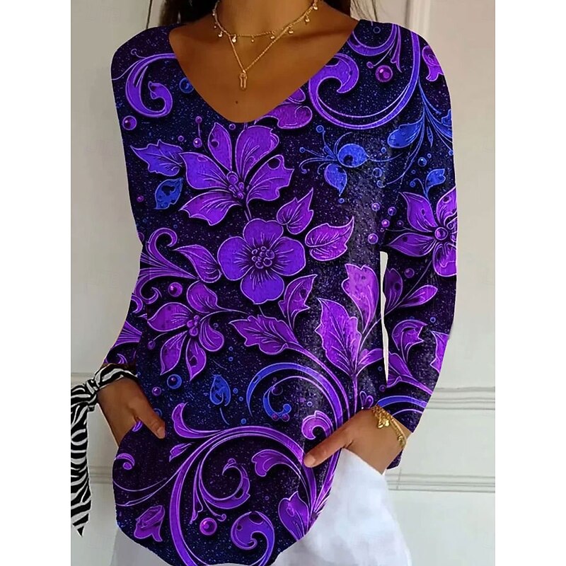 Women's T Shirt V Neck Long Sleeve Tunic Floral Graphic Plants Vintage Stylish Classic Regular Tops Daily Print Blue Purple Orange Spring Fall