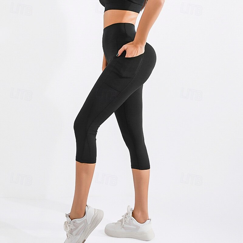Women's high-waisted belt pocket shark leggings - summer cropped butt-lifting yoga pants3